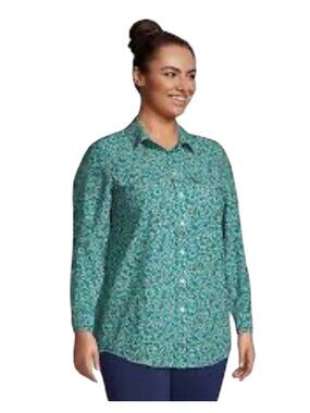 Plus Size Lands End Button-Down roll tab Floral boyfriend commuter shirt Tunic S